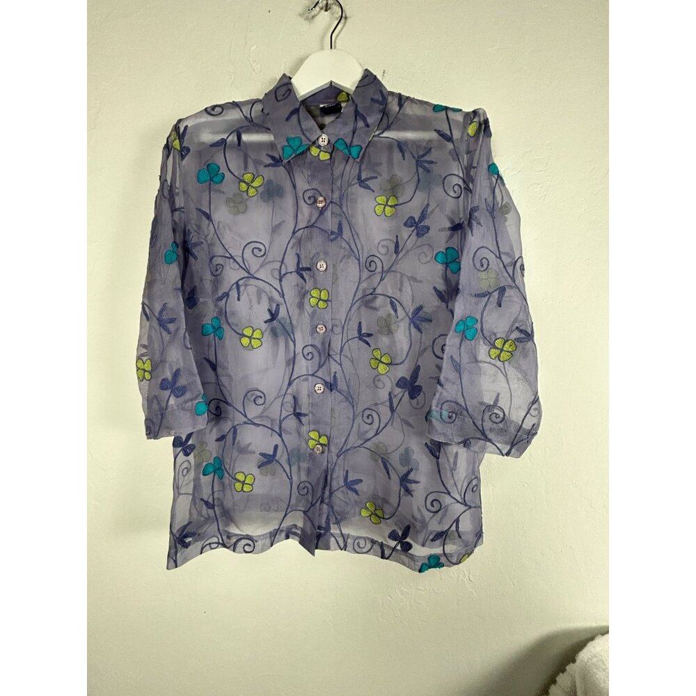 JM Collection Women's Embroidered Floral Silk Sheer Casual Blouse Purple 1X